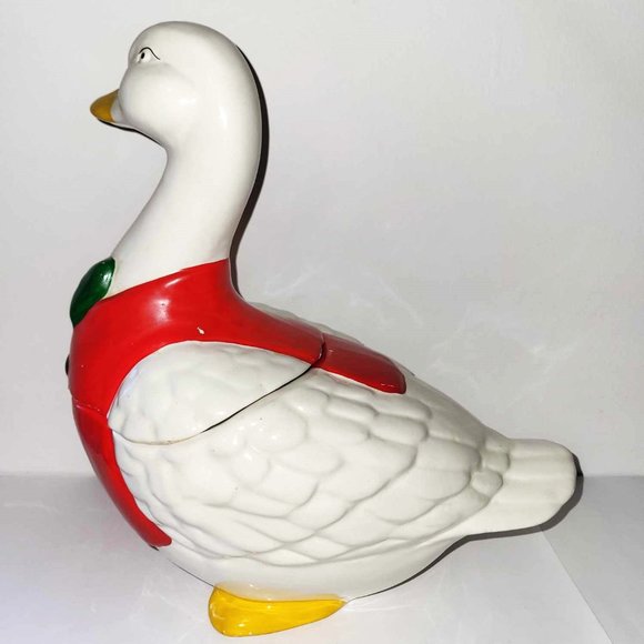 VINTAGE 12" DUCK IN RED TUXEDO COOKIE JAR GREEN BOW TIE HAND PAINTED - Picture 2 of 12